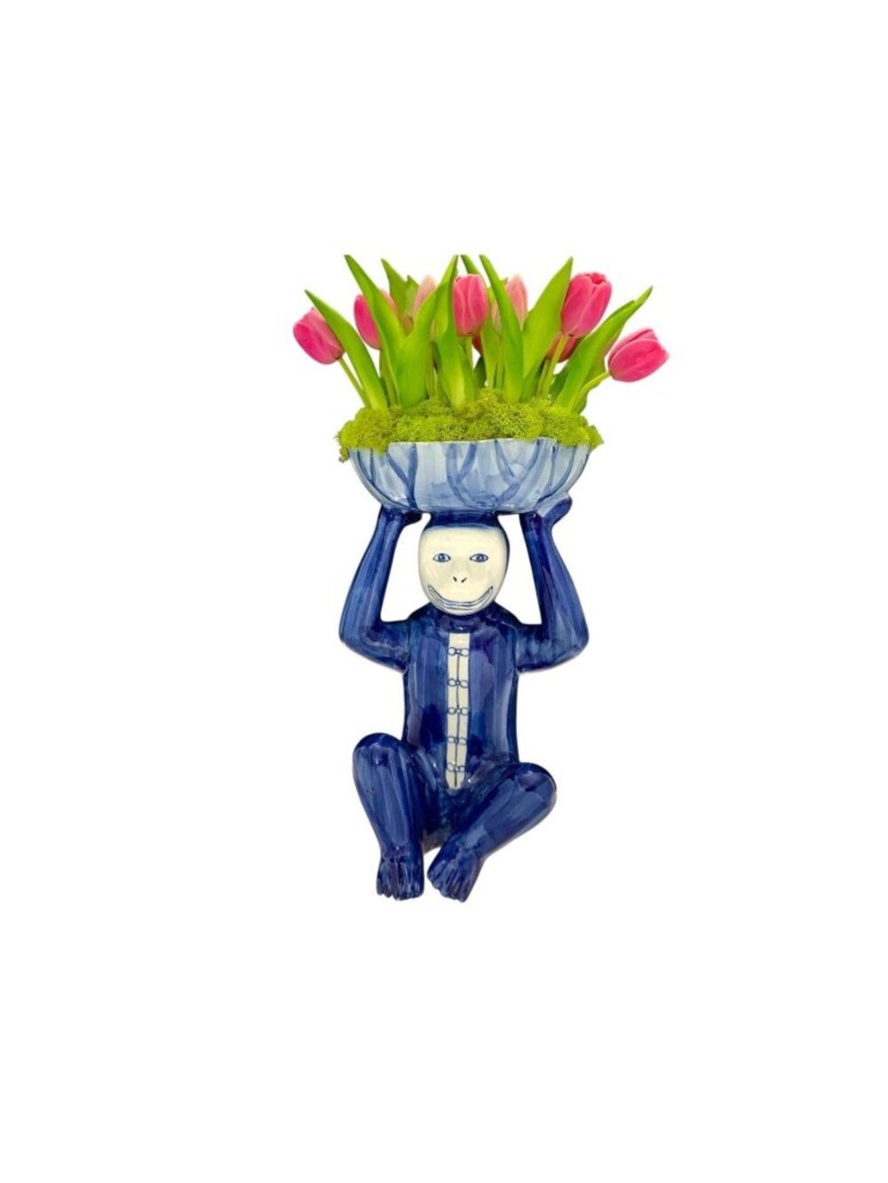 Monkey Sculpture Large Porcelain with Faux Tulips Vintage Chinoiserie Decor